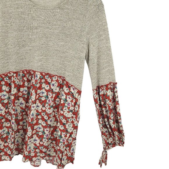 Easel Long Sleeve Knit Floral Tunic Top Womens Size Small Tie Sleeves Gray Red - Picture 6 of 13